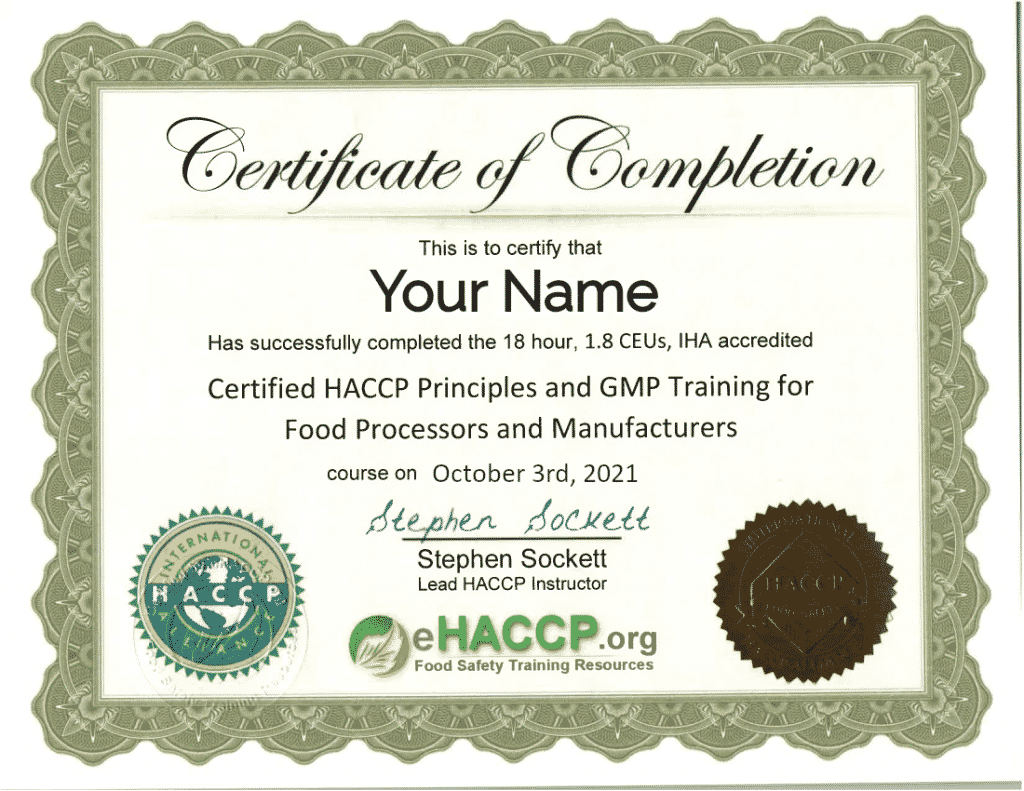 Sample Processors Certificate HACCP Training and Certification
