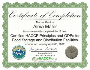 HACCP Food Sorage and Distribution Certificate