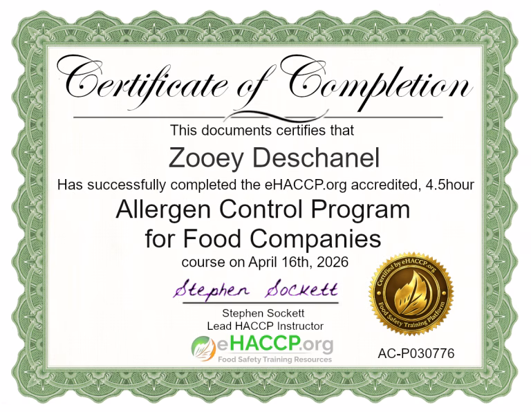 Allergen Control Program Course Certificate